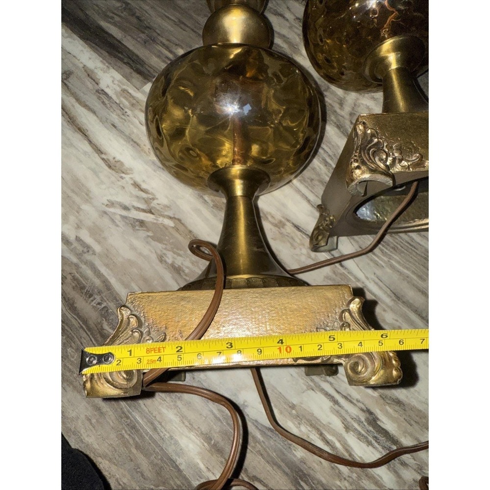 Set Of 2 Vintage Brass Table Lamps Amber Glass Globe 35" Tall 3-Way Ornate Base - Picture 16 of 16